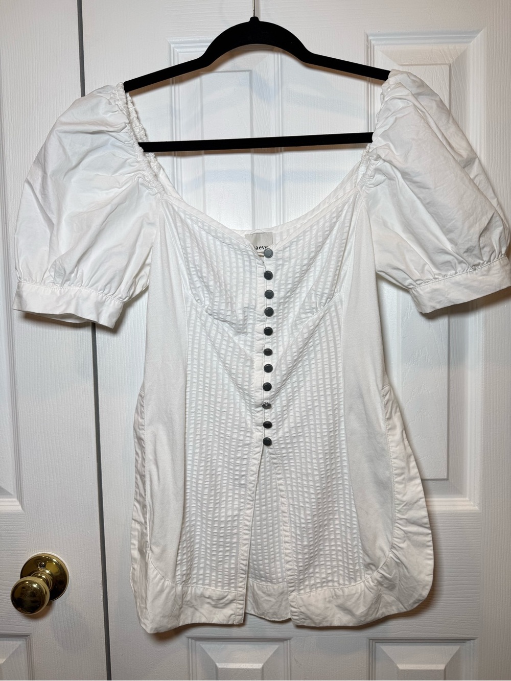 Maeve White Puff-Sleeve Button Front Blouse